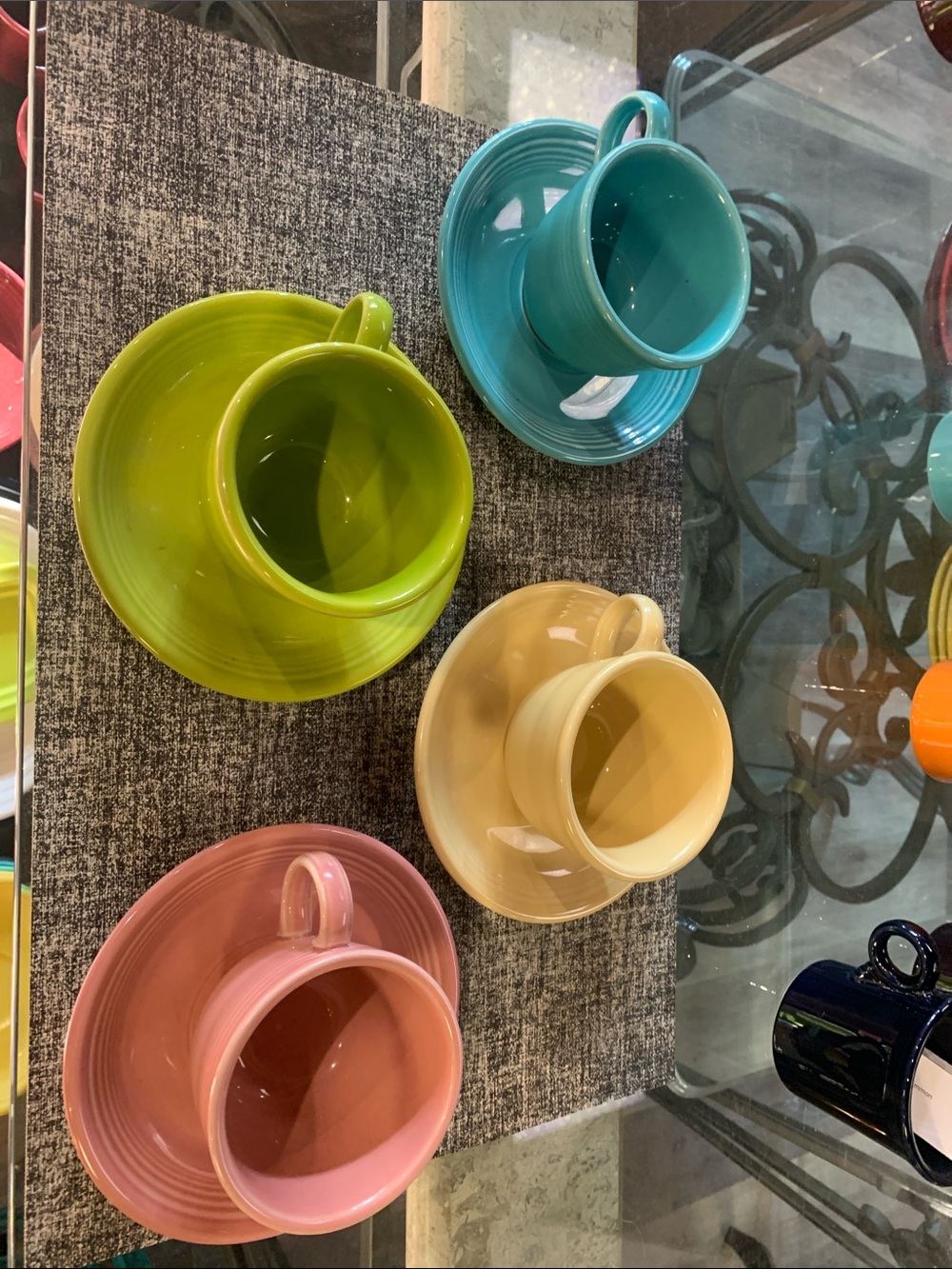 Fiesta Cup & Saucer Set 4 Mixed Colors Turquoise Yellow Flamingo Chartreuse